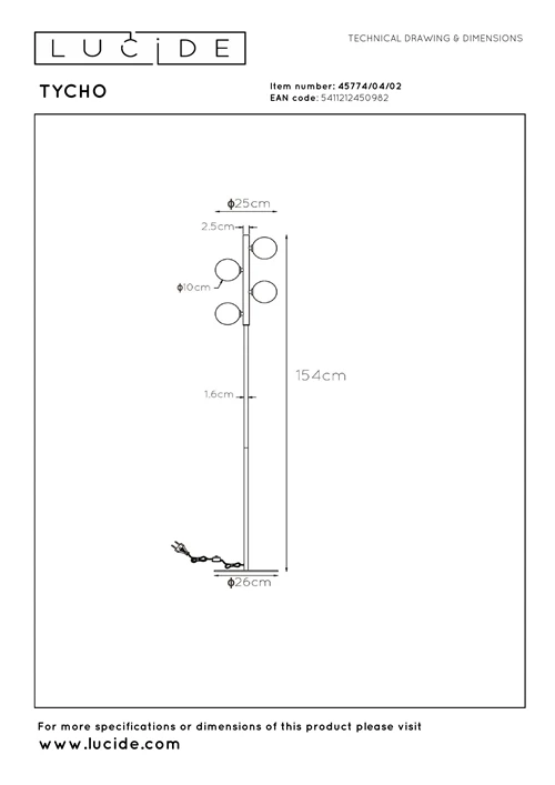 Lucide TYCHO - Vloerlamp - 4xG9 - Mat Goud / Messing - technisch